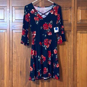Arizona Rose Print Ruffle Dress With Criss Cross Neckline